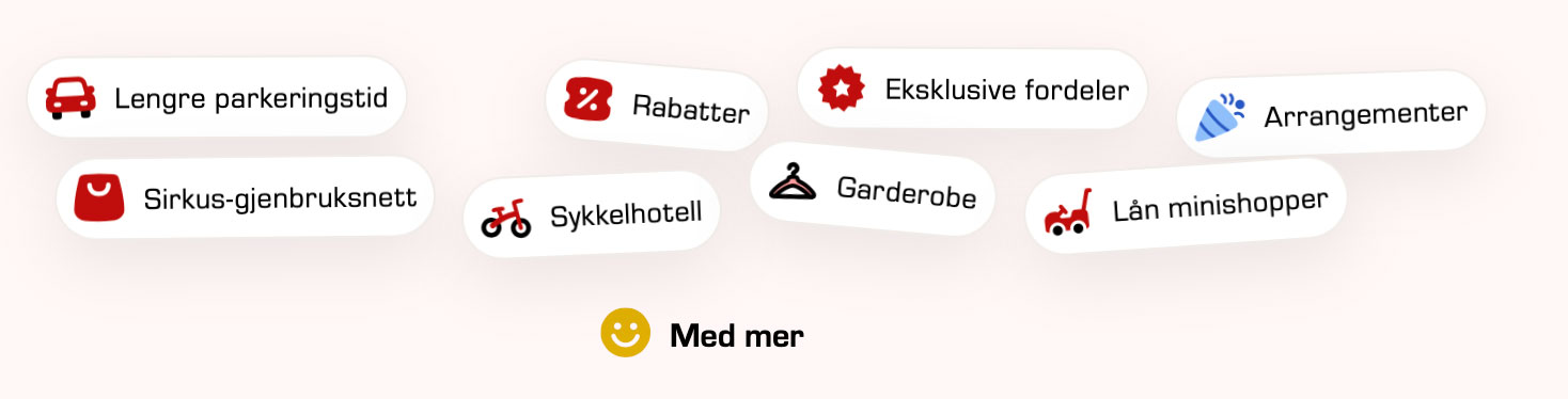Fordeler: Lengre parkeringstid, rabatter, eksklusive fordeler, arrangementer, Sirkus-gjenbruksnett, sykkelhotell, garderobe, lån minishopper med mer.